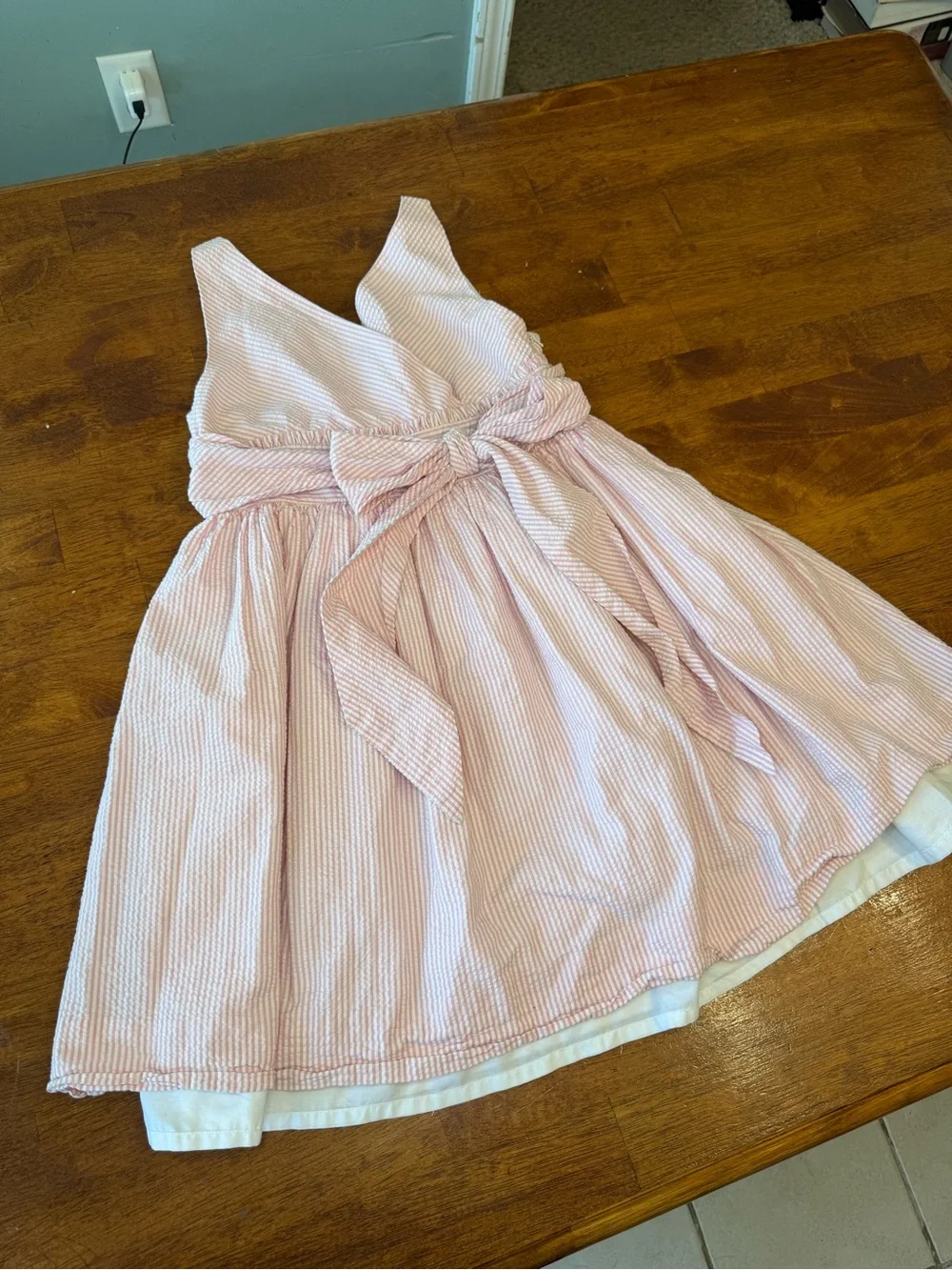 Ralph Lauren Girls Pink White Striped Seersucker Dress Bow size 12
